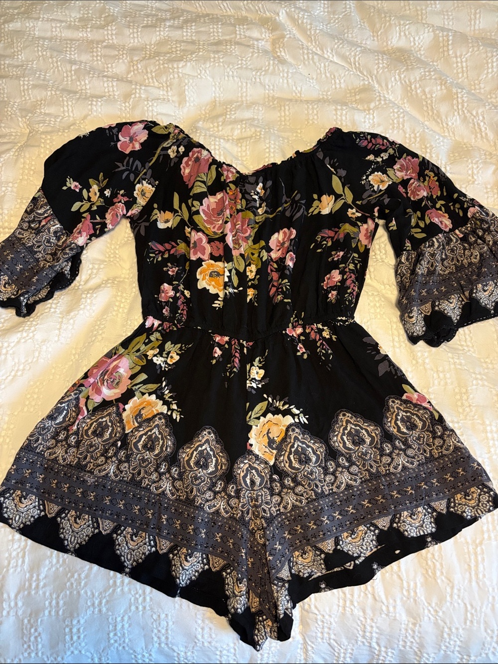 Angie Black Floral Off-Shoulder Romper with Pink & Yellow Flowers - Picture 3 of 3